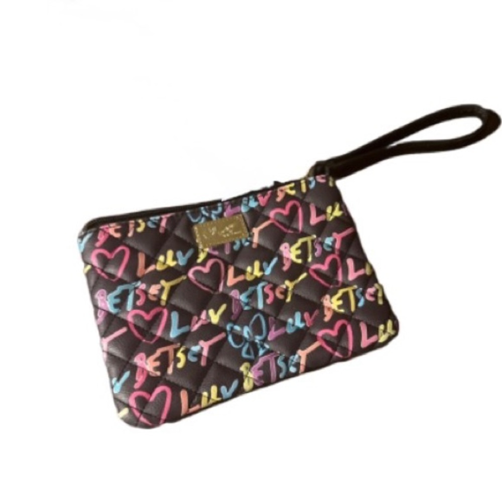 Betsey Johnson Black Quilted Wristlet crossbody Multicolor Heart & Script Print